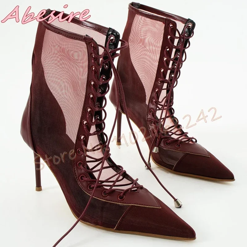 

Red Mesh Breathable Short Boots Pointed Toe Stiletto Lace-Up Nude Boots Sexy Summer Party Roman High Heels Women'S Large Size 46
