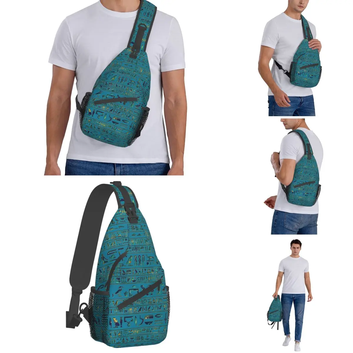 Borsa a tracolla a tracolla in pelle Teal Hieroglyphs egiziana borsa a tracolla piccola zaino a tracolla orientale Daypack per viaggi escursionismo sport