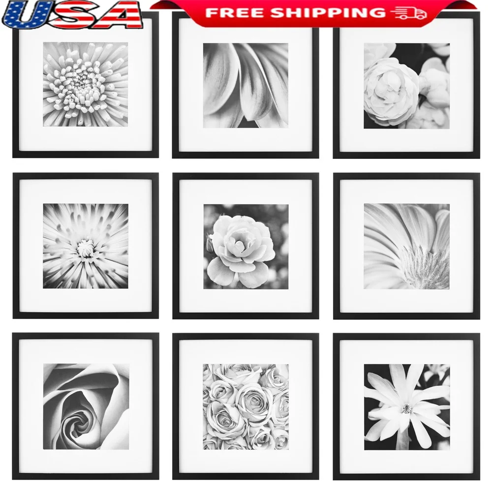 

9-Piece Photo Frame Set Lightweight Black Frames Easy Wall Mounting Template Display Artwork and Memories