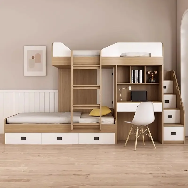 Upper and lower beds Bunk beds Small apartment upper and lower child and mother wooden beds