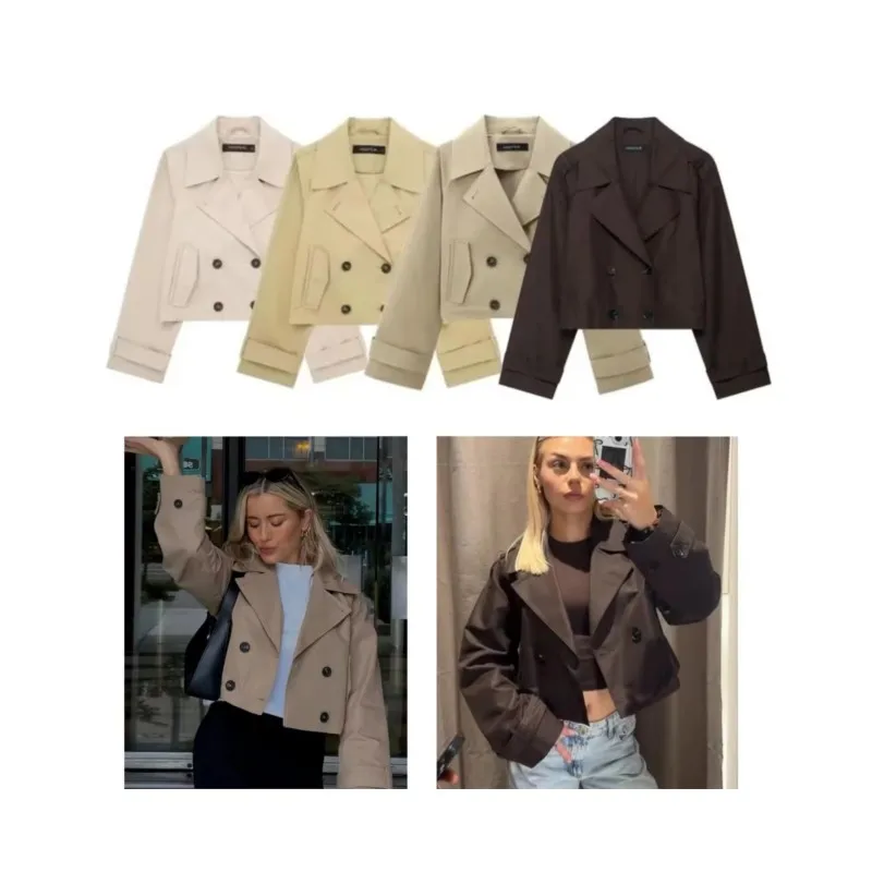 

Женская двубортная короткая куртка, повседневная осенняя ветровка 2024, стильная женская куртка с длинными рукавами и лацканами, женские куртки