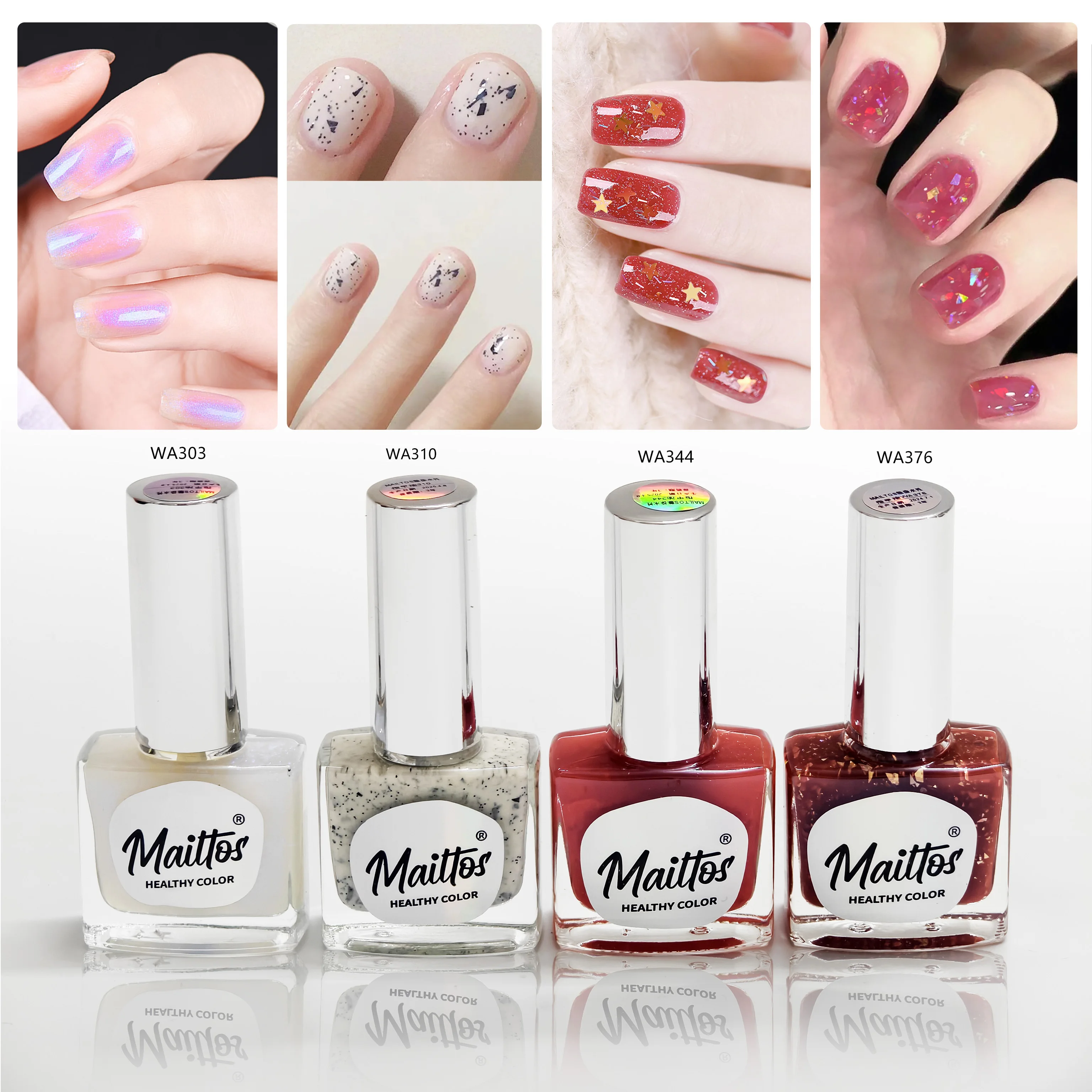

12mlx4 [303/310/344/376] Aurora & Sparkle Collection, Water-based Nail Polish, Oderless, dry quickly, No need lamp, easy tear