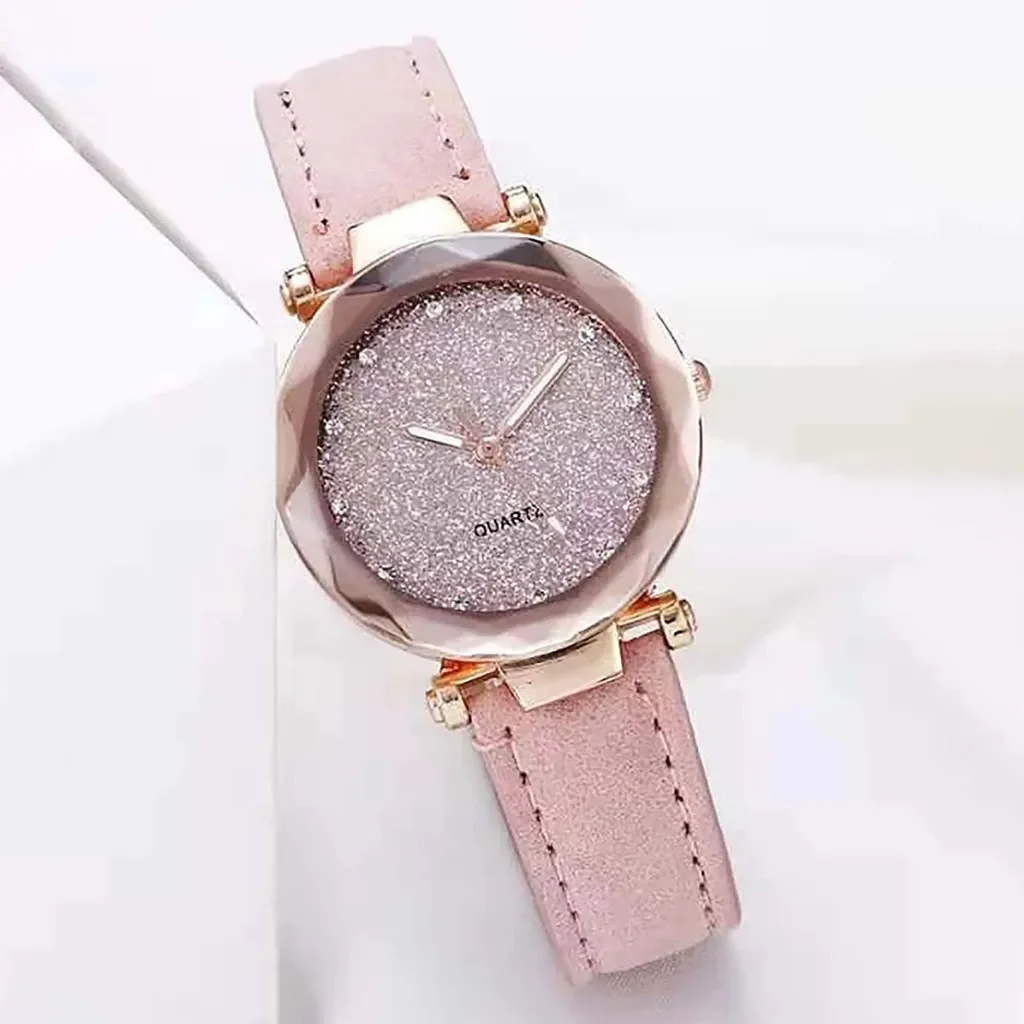 Relojes informales para mujer, reloj romántico con cielo estrellado, pulsera de cuero con diamantes de imitación, reloj de diseñador para mujer, vestido sencillo, reloj para mujer