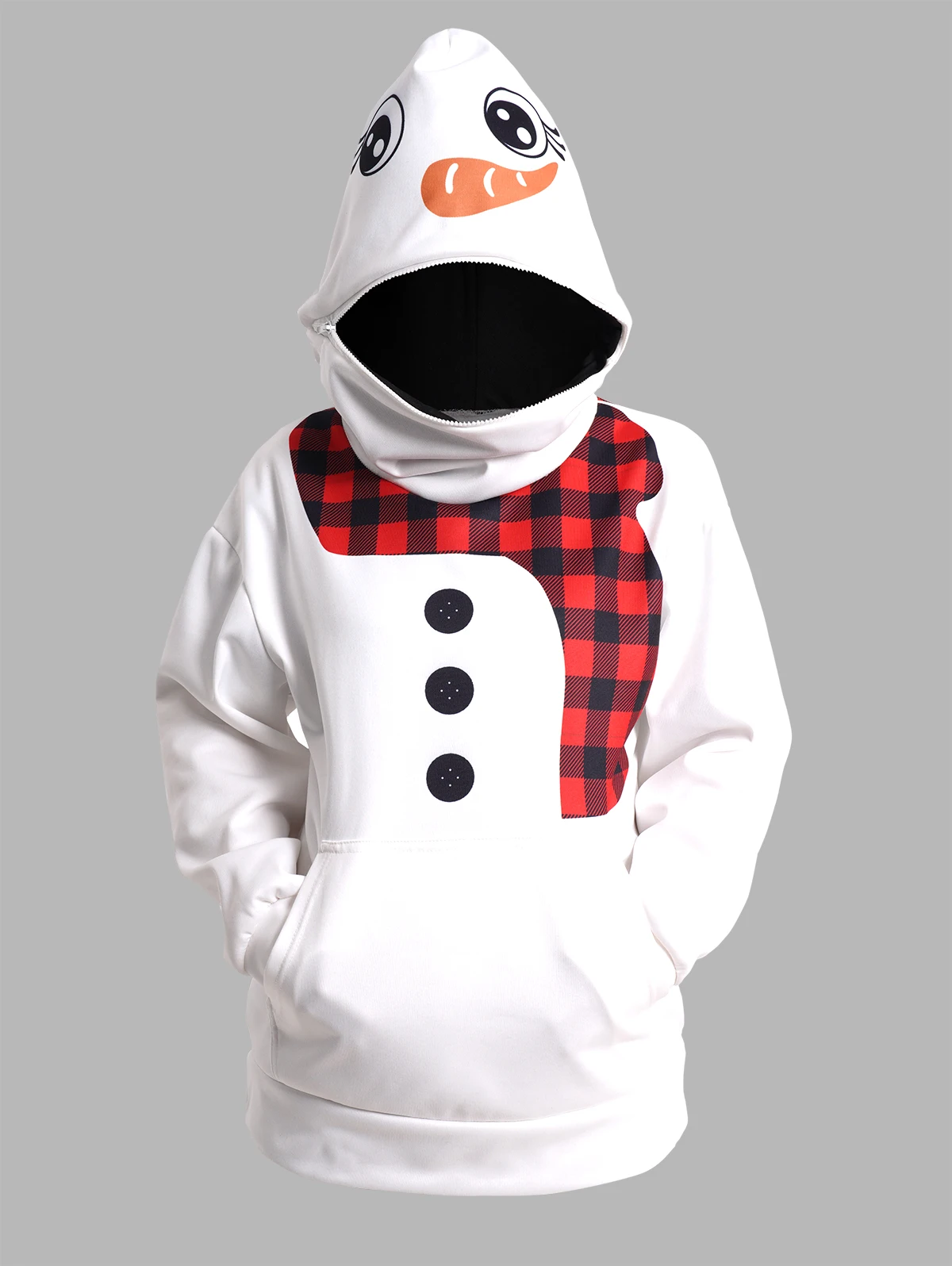 Womens Snowman Costume Christmas Zipper Hoodie Plaid 3D Print Drop Shoulder Kangaroo Pocket Hoodie Tops