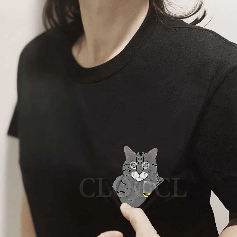 CLOOCL Funny Cats T-shirts New Fashion Cartoon Kitten Middle Finger Pockets Short Sleeve Shirts Summer Mens Women Clothing