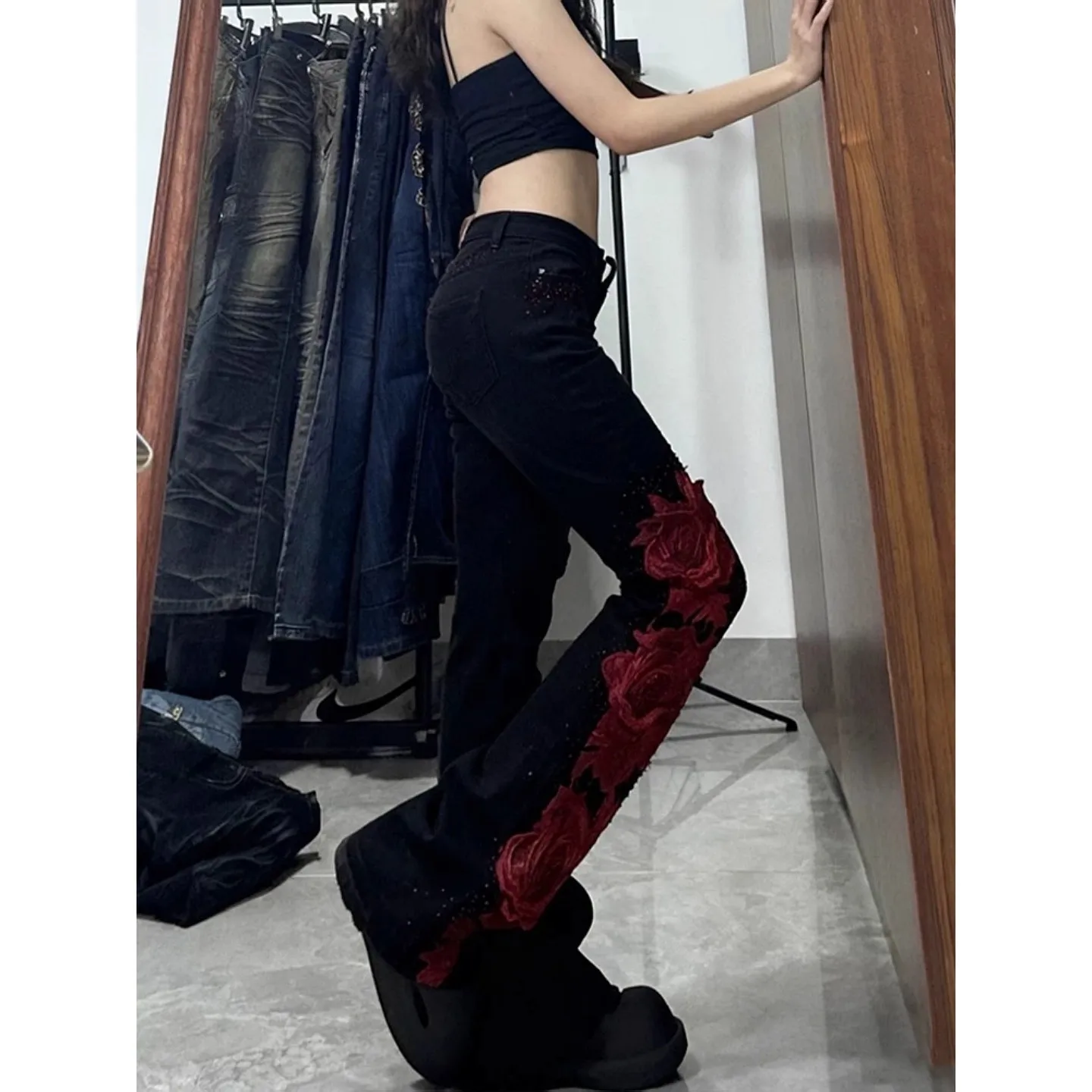 سراويل أمريكية مضيئة Y2k جينز وردي ثقافي عتيق للنساء سراويل جينز نسائية من قماش الدنيم #5