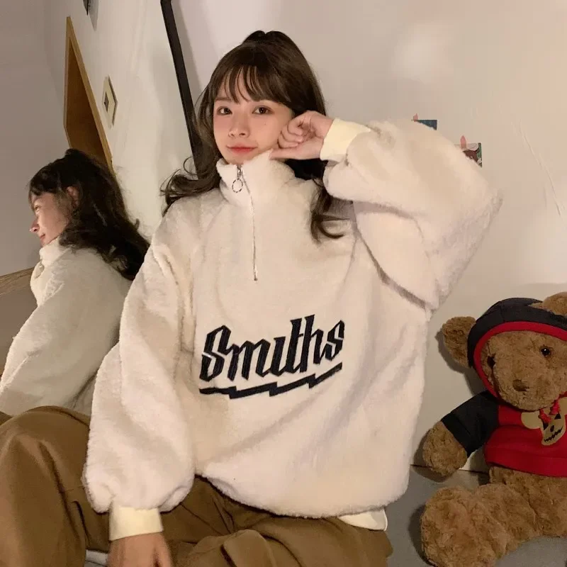 Warm Thicken Zipper Stand Collar Hoodie Women Casual Long Sleeve Pullover Tops Korean Embroidery Letter Plush Sweatshirt Outwear