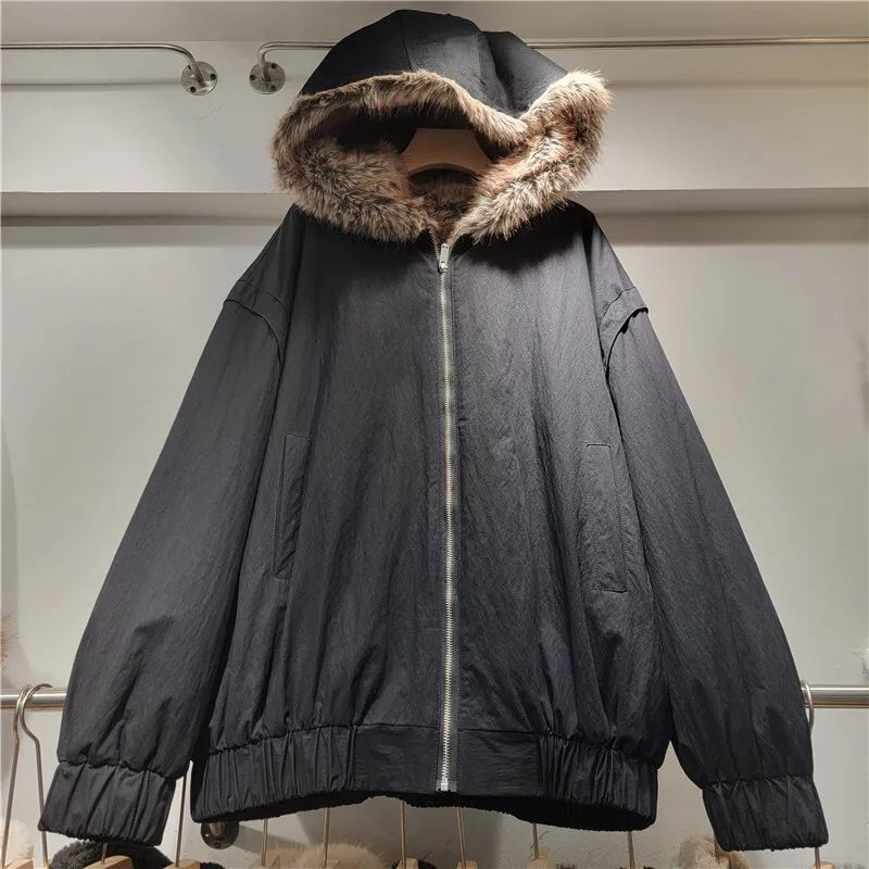 HKSH 2025 شتاء جديد المرأة عكسها معطف دافئ مقنعين فو الفراء سستة جيوب الأمريكية الرجعية أنيق Ins سترة سميكة HK15788