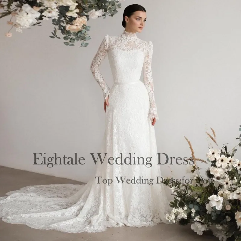 Eightale Luxury Wedding Dresses Lace Customized High Neck Long Sleeves Arabic Mermaid Bridal Gown