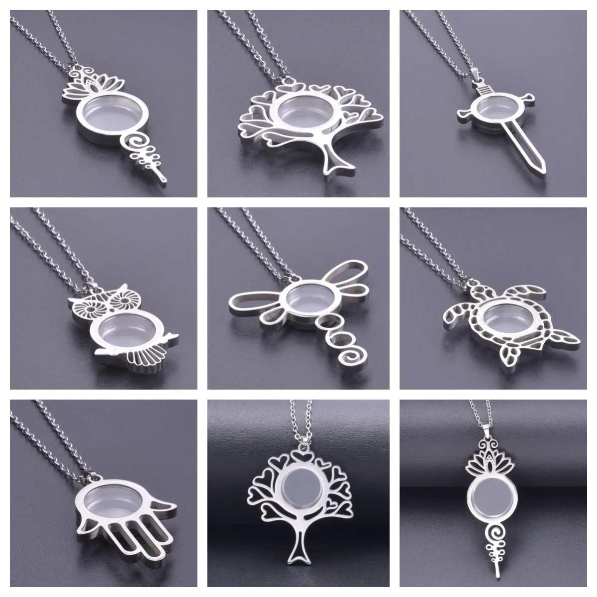 

Flower/Animal/Hamsa Hand/Sword Glass Relicario Photo Locket Necklace Picture Locket Pendant Floating Charms Necklace For Women