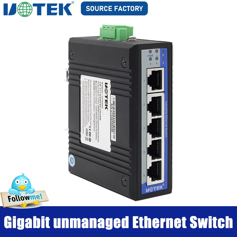 

UOTEK 1000M 5 Ports RJ45 Network Gigabit Unmanaged Industrial Ethernet Switch DIN-Rail IP40 Full Half Duplex UT-6405GC