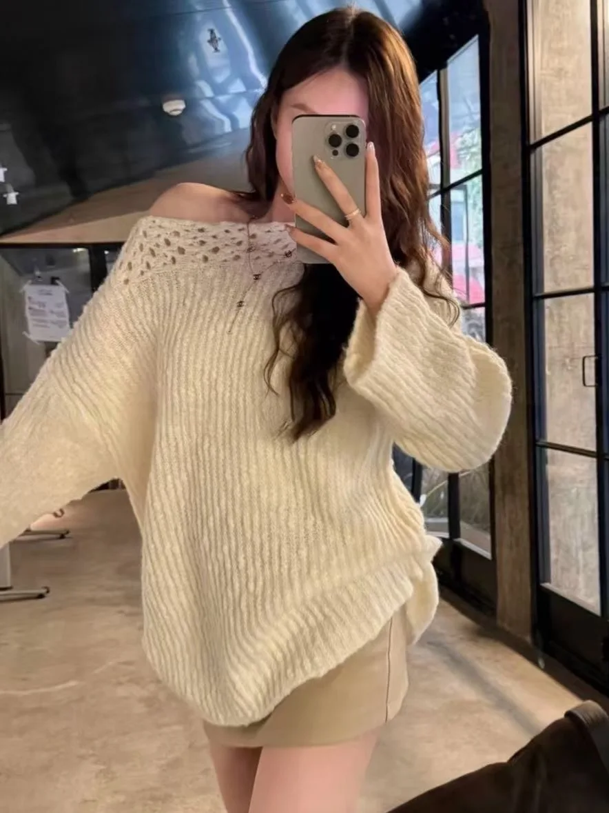 

Женский вязаный свитер на одно плечо, мягкий ленивый свитер, свободный крой, осенняя мода, модный дизайн с наклонными плечами