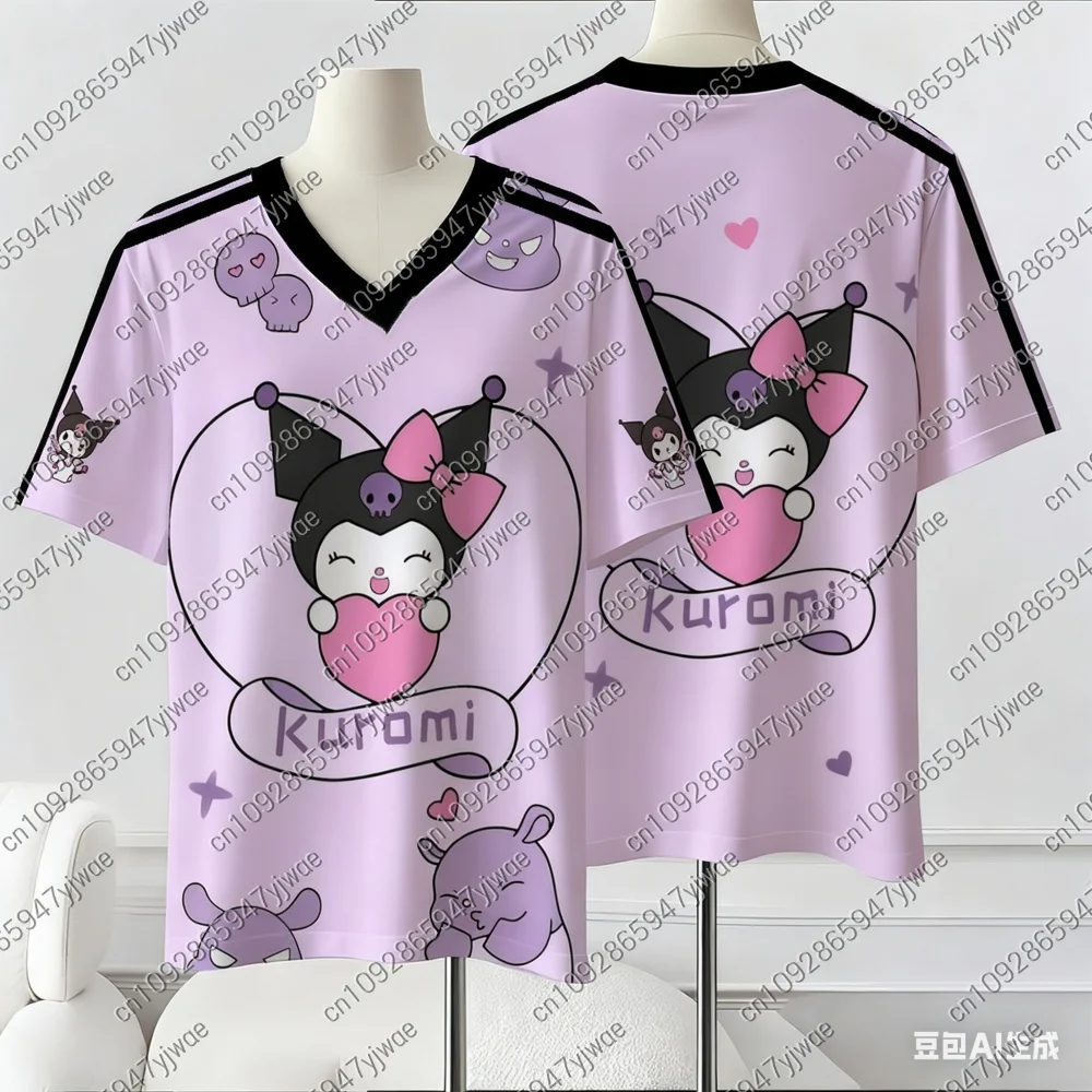

2025 women Cartoon Kuromi printed V-neck short sleeved Breathable V-Neck Short Sleeved baseball T-Shirt Women Jersey T-Shirt