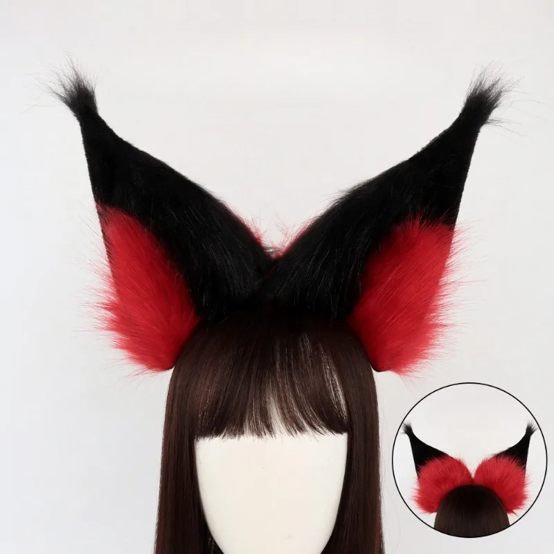 AnimeCosplay Furry Cat Wolf Fox Ear Plush Headdress Costume Hotel Black To Red Gradient Furrsuit Headband Halloween