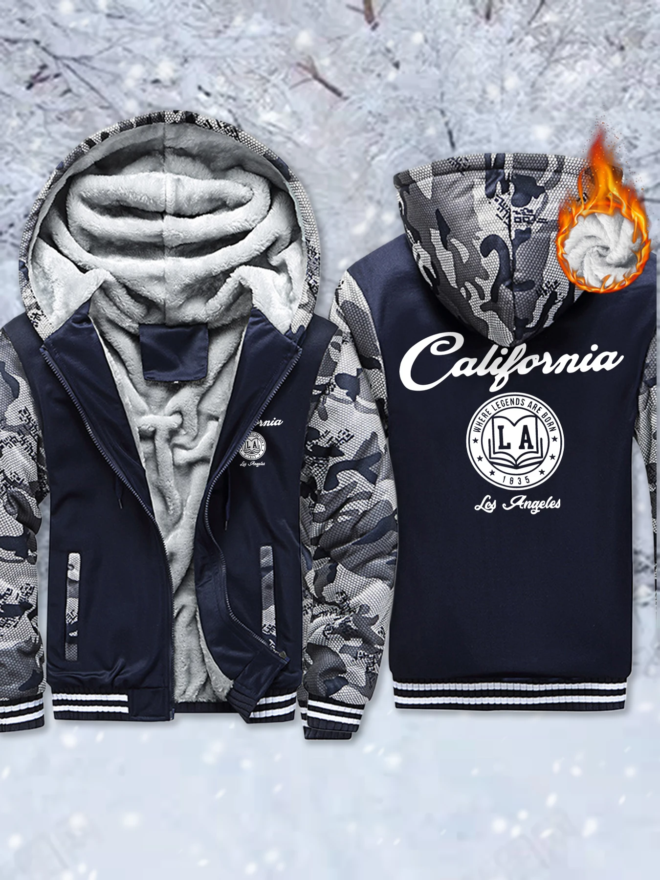 

Califirnia Letter Logo Prints Man'S Streetwear Fleece Casual Zipper Jackets Fashion Thick Hooded Jacket Warm Soft Sweatshirt