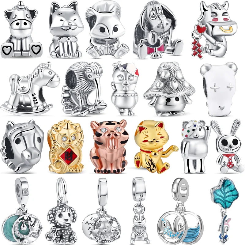 

Hot Sales 925 Silver Cute Cat Dog Unicorn Bird Bear Tiger Cartoon Animal Fine Beads Fit Original Pandora Charms Bracelet Jewelry