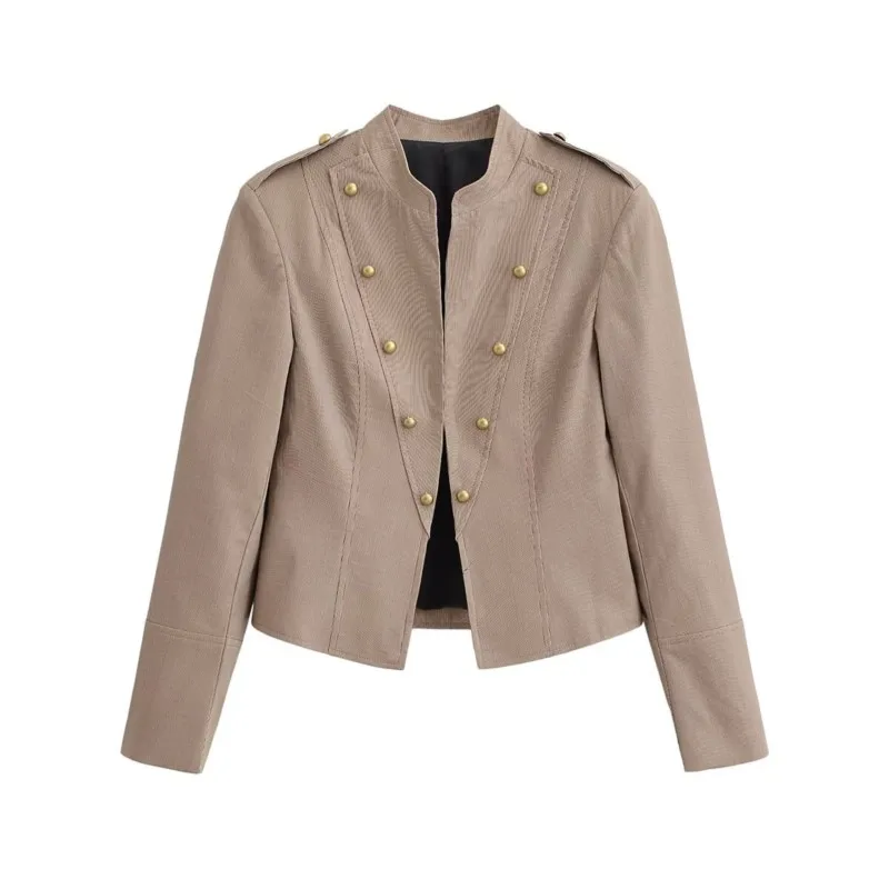 Women's Blazer 2026 Spring Round Neck Long Sleeve Buttons Decoration Coats Fashion Casual Slim Femal Vintage Short Tops