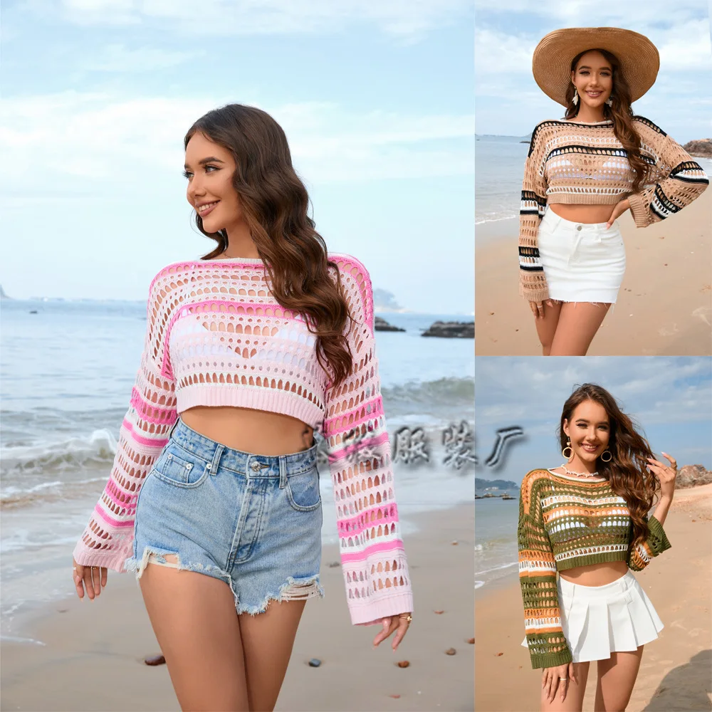 

2024 New Arrival Sexy Bikini Beach Cover-up T-Shirt Women's Hollow Stripe Splice T-Shirt