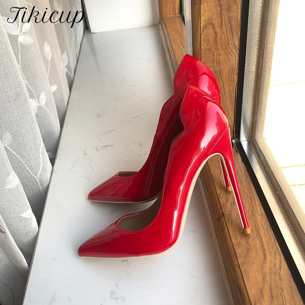 Tikicup Newly 2025 Glossy Red V Cut Women Sexy Pointy Toe High Heels Fashion Designer Formal Dress Party Shoes Plus Size 33-46