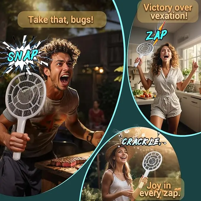 

Electric Fly Swatter Bug Zapper Mosquito Racket with Gold Zone Voltage Dense 3mm Mesh Apple-Like Weight AA Battery Operated