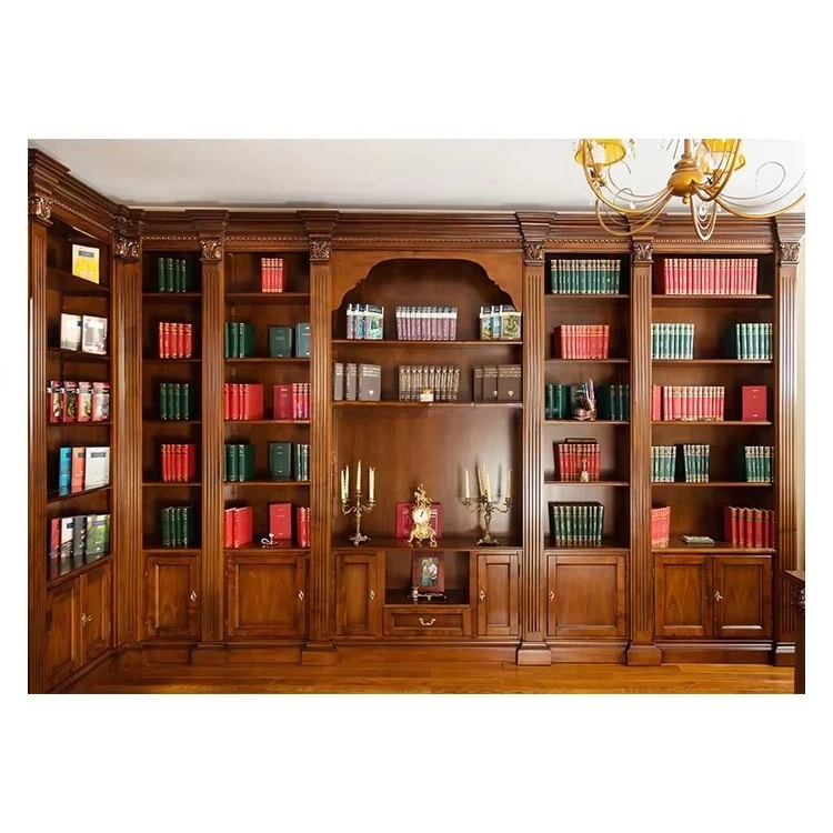 Custom Luxury Bookcase with Ladder Library Bookshelf Office Book Cabinet Home Library Furniture Classic Study Room