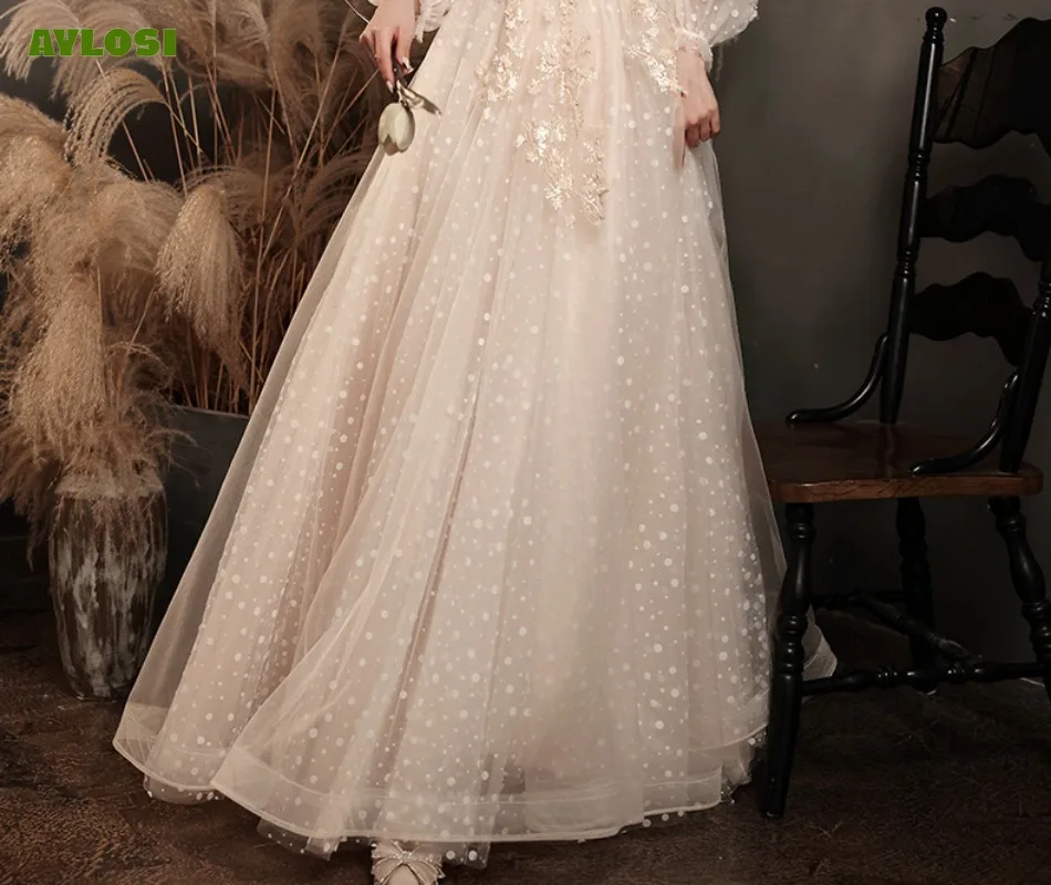 AyLosi French Style Evening Dresses for Women Elegant Long-sleeved Round Neck Lace Skirt Champagne Banquet Gown Dress Vestidos