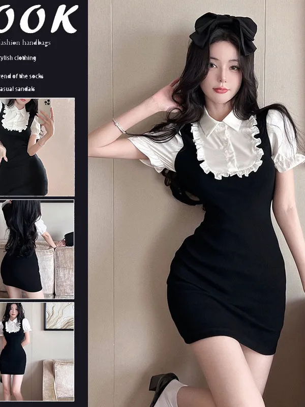 Academy Style Spicy Girl Fake Two-piece Dress For Women's Summer Comfort New Bubble Sleeve POLO Collar Wrap Hip Skirt Short Z2IT