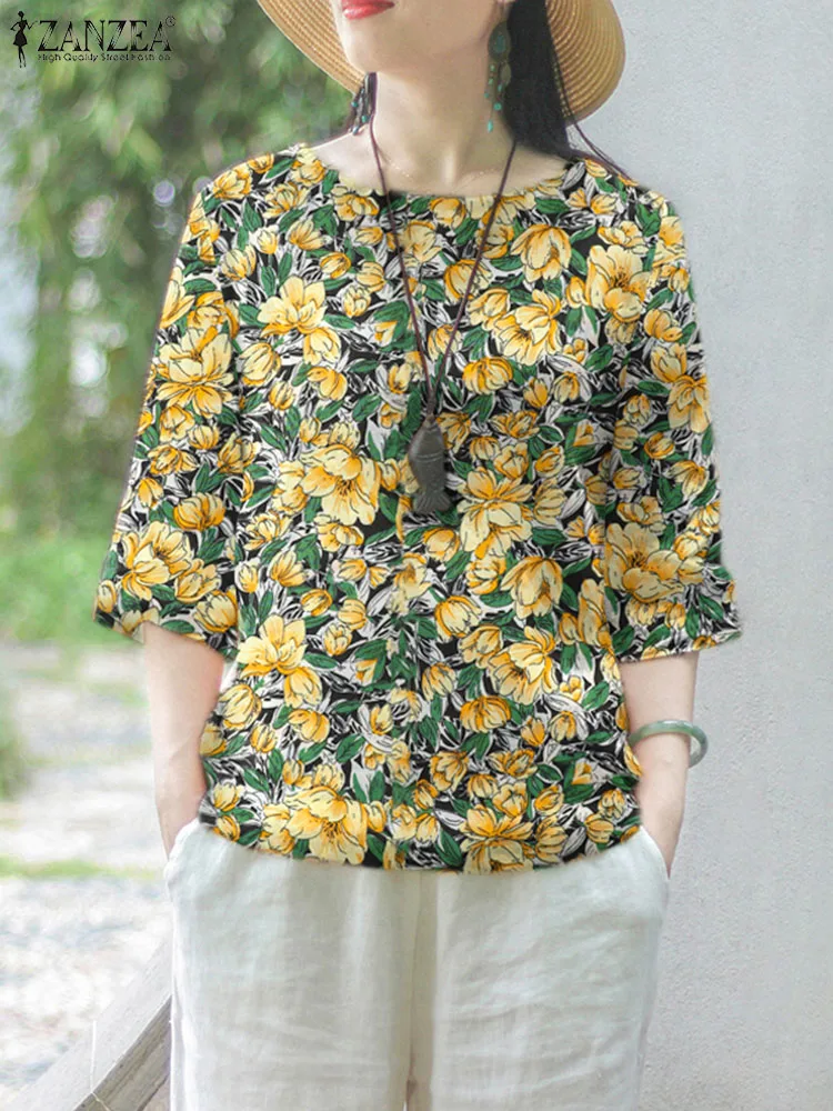 ZANZEA Women Flowers Print Blouse Casual 3/4 Sleeve Crewneck T Shirt 2024 Summer Fashion Tops Bohemian Holiday Chic Tunics Femme