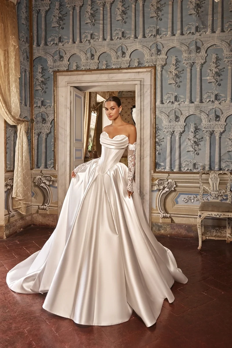 Vestido De Noiva Minimalistas Vestidos Elegantes 2026 Princesa Manga Larga 2 En 1 Desmontable A Line Wedding Dress Cetim Bride
