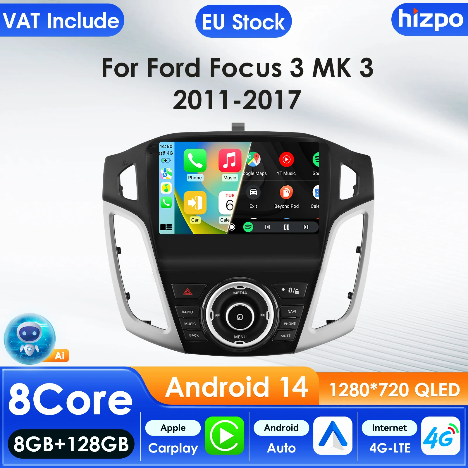 Hizpo 2 Din Radio de coche para Ford Focus 3 2012-2017 reproductor Multimedia de Audio CarPlay Android Auto GPS BT WIFI FM RDS Autoradio AI