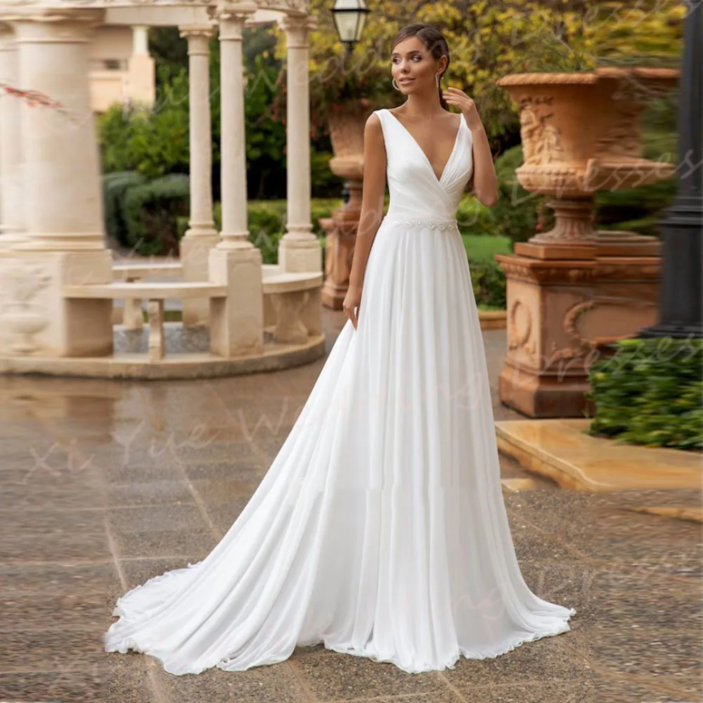 Boho Simple Modest Chiffon A Line Wedding Dresses Sexy Deep V Neck Pleated Bride Gowns Sleeveless Backless Vestidos Verano Moda