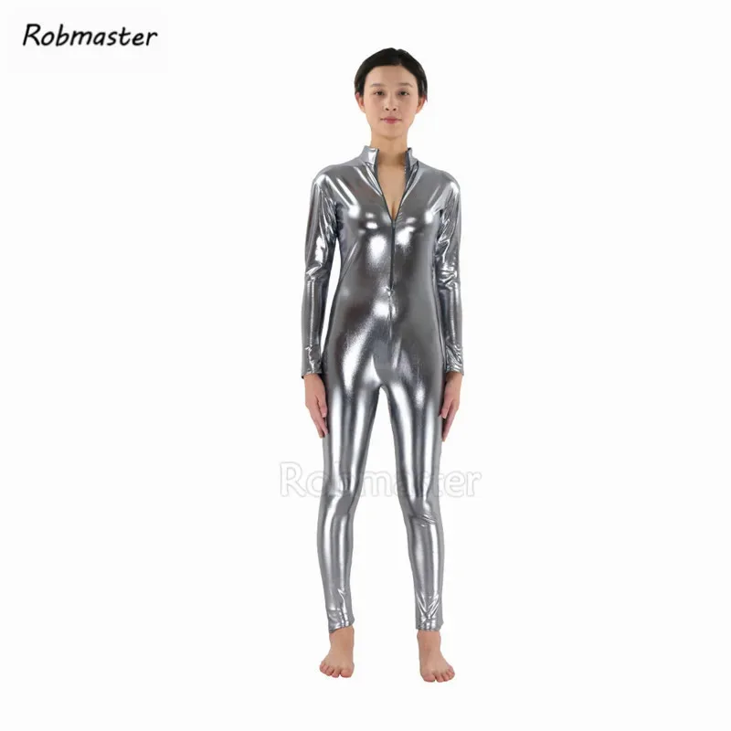 

2025 aaa Women Kids Latex Black Shiny Metallic Catsuit Tights Gold Zentai Suit Full Body Zipper Front Unitard Custom Skin B