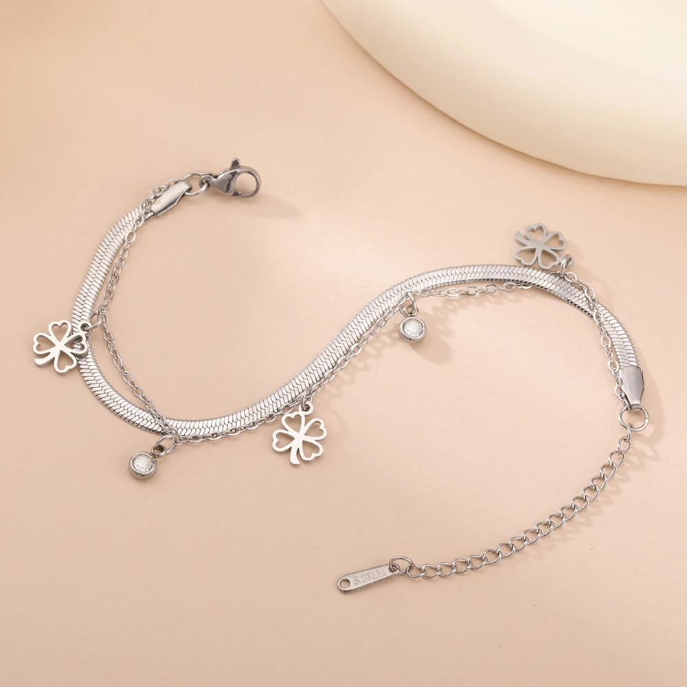 Dawapara Viel Glück Kleeblatt Armband Vierblättriges Kleeblatt Charms Schlangenkette 17 cm Armband Edelstahl Paar Schmuck – Detail 17