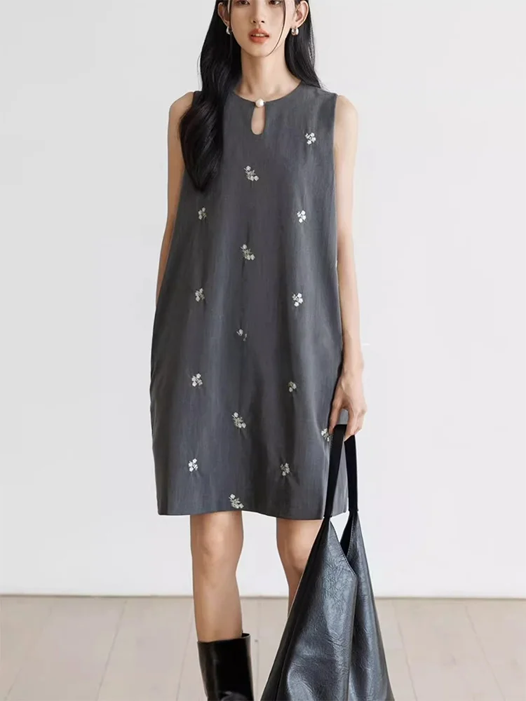 

ROUJE KEFSS Heavy Embroidery Vest Dr Summer Loose plus Size ey Mid-Length A-Line Dr Casual Commute Sle