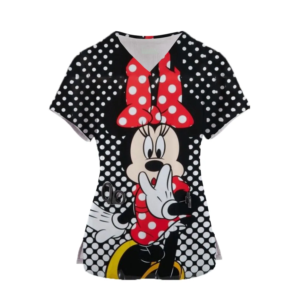 

V-Neck Pocket Mickey Mouse Care Workers T-Shirt Tops Clinic Working Clothing Women Short Sleeve Scrub Tops Print Nurse Uniform ﻿