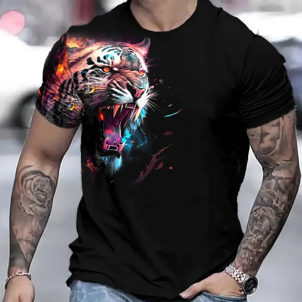 Summer new men\'s T-shirt 3D printed tiger pattern fashion trend short sleeved street fashion plus size round neck top