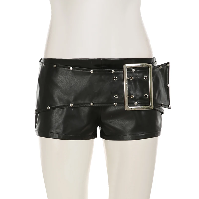 SUCHCUTE Vintage Nieten-Schnallen-Gürtel, Pu-Leder-Shorts, Y2k, sexy Shorts mit niedriger Taille, ästhetisches Party-Outfit, Sommer-Punk-Stil, Coquette – Detail 4