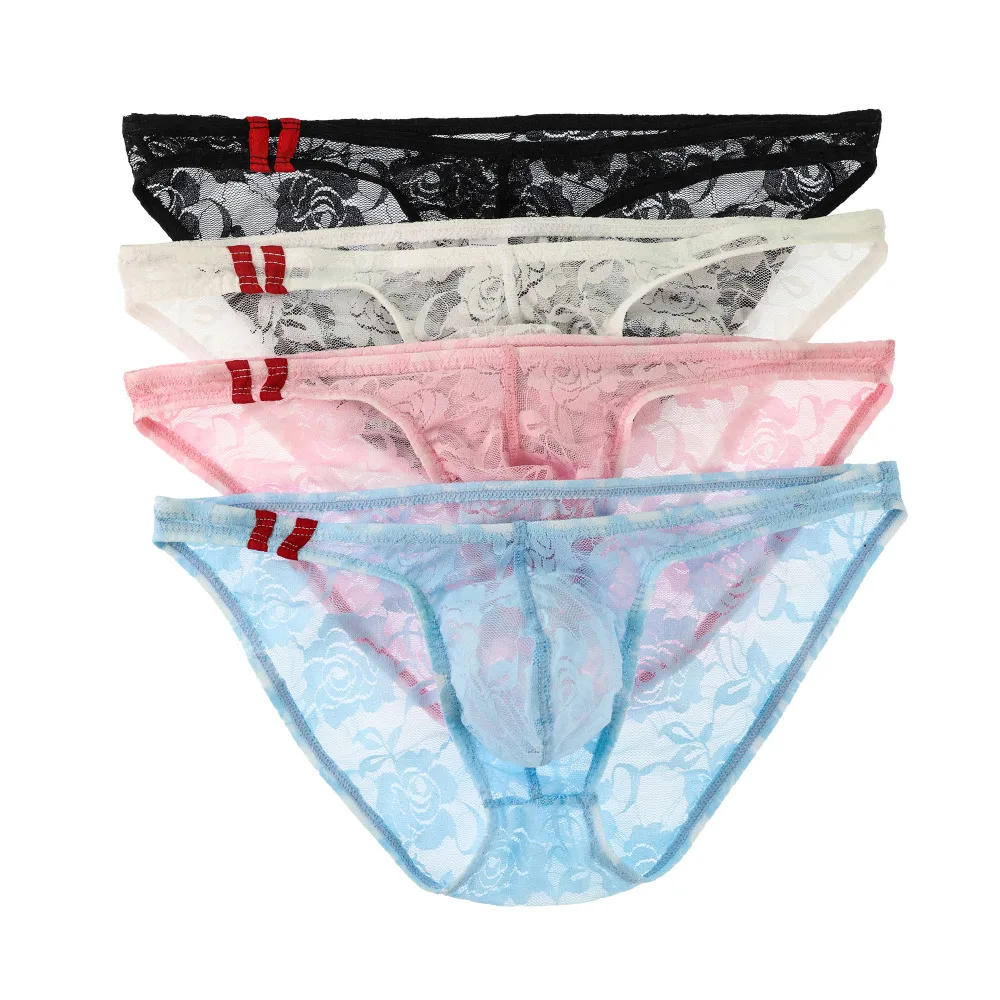 

4 Pack Men's Sexy Lace See-through Briefs Low Rise Male Gay Sissy Panties Ultr-thin Lace Underwear Set Breathable T-back Thongs