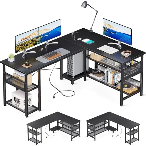 ODK 전원 콘센트 및 USB 충전 포트가 있는 L자형 책상, 가역 L자형 컴퓨터 책상, 보관 선반이 있는 66 인치 