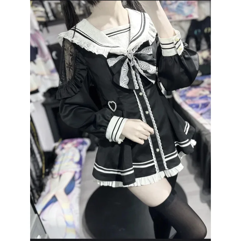 Japonês lolita peter pan colour arco mangas compridas babado vestido de cintura fina + shorts todos os jogos 2 peças conjuntos doce menina y2k ternos;8