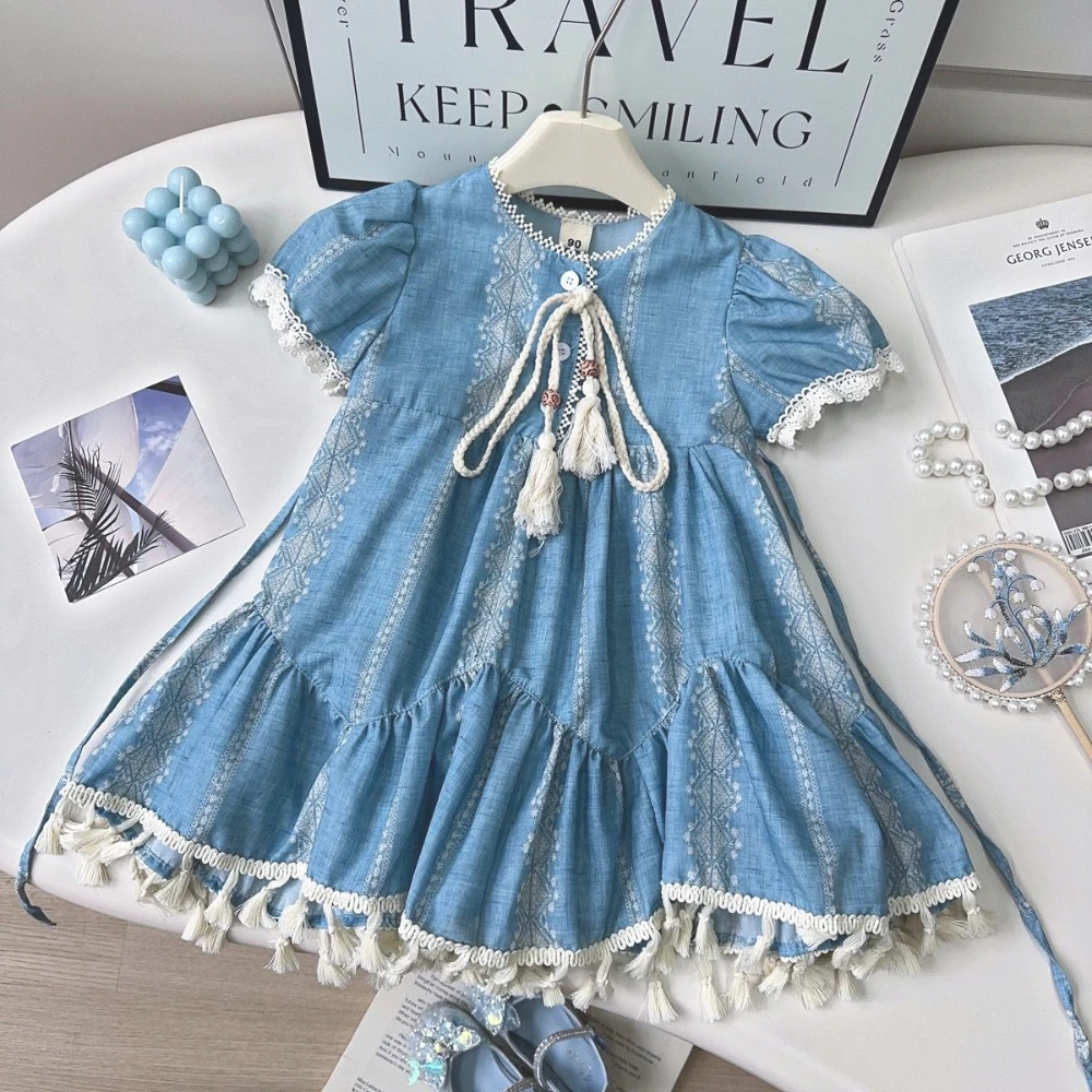 

2025 Summer New Blue Girl Princess Dress Lace Tassel Fairy Style Children's Birthday Party Stage Casual Clothes Korean Version