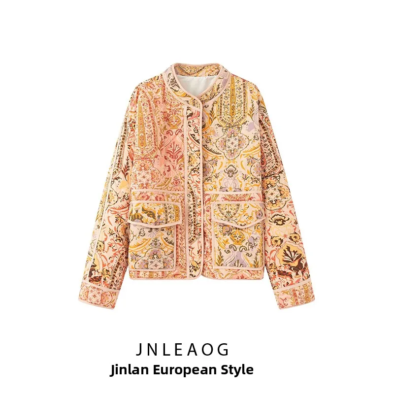 

Модное хлопковое пальто-джат, женское пальто-стойка с принтом, осенне-зимняя верхняя одежда, свободная посадка, французский длинный све