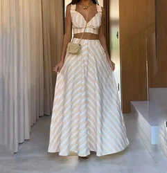 Two Piece Set Women Outfit 2024 Summer Fashion Striped Lace Up V-Neck Crop Cami Top & Casual High Waist Pocket Long Skirt Set