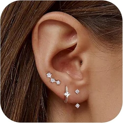 3 Pairs Sterling Silver Stud Hoop Earrings Set for Women 14K Gold Plated Earrings Stacks Dainty Earrings for Multiple Piercings