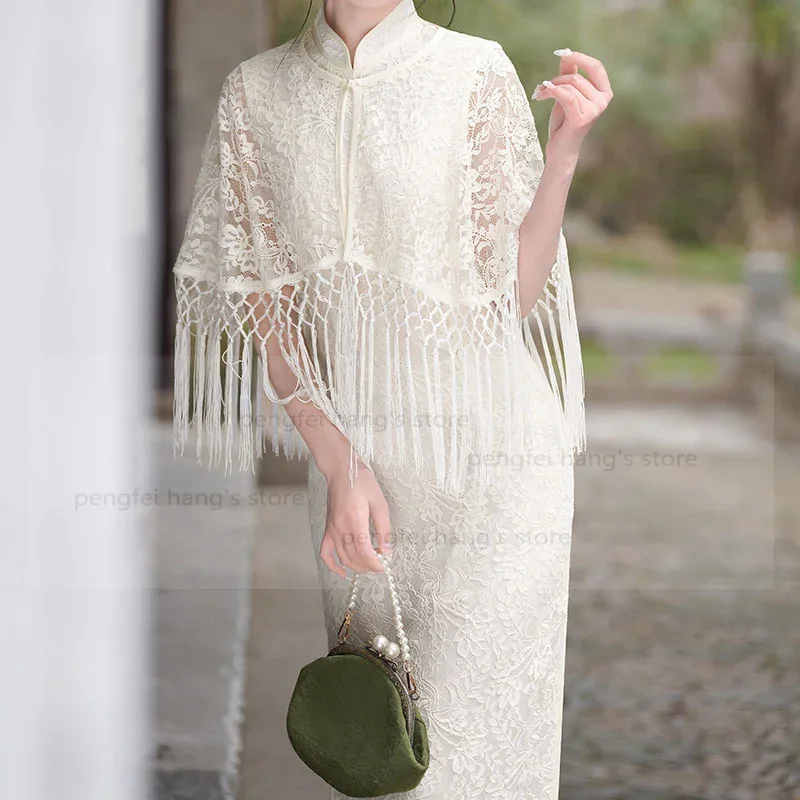 

2025 Spring Summer New White Lace Two-Piece Chinese Style Dress Suit Improved Cheongsam Bride Wedding Party Dress Qipao