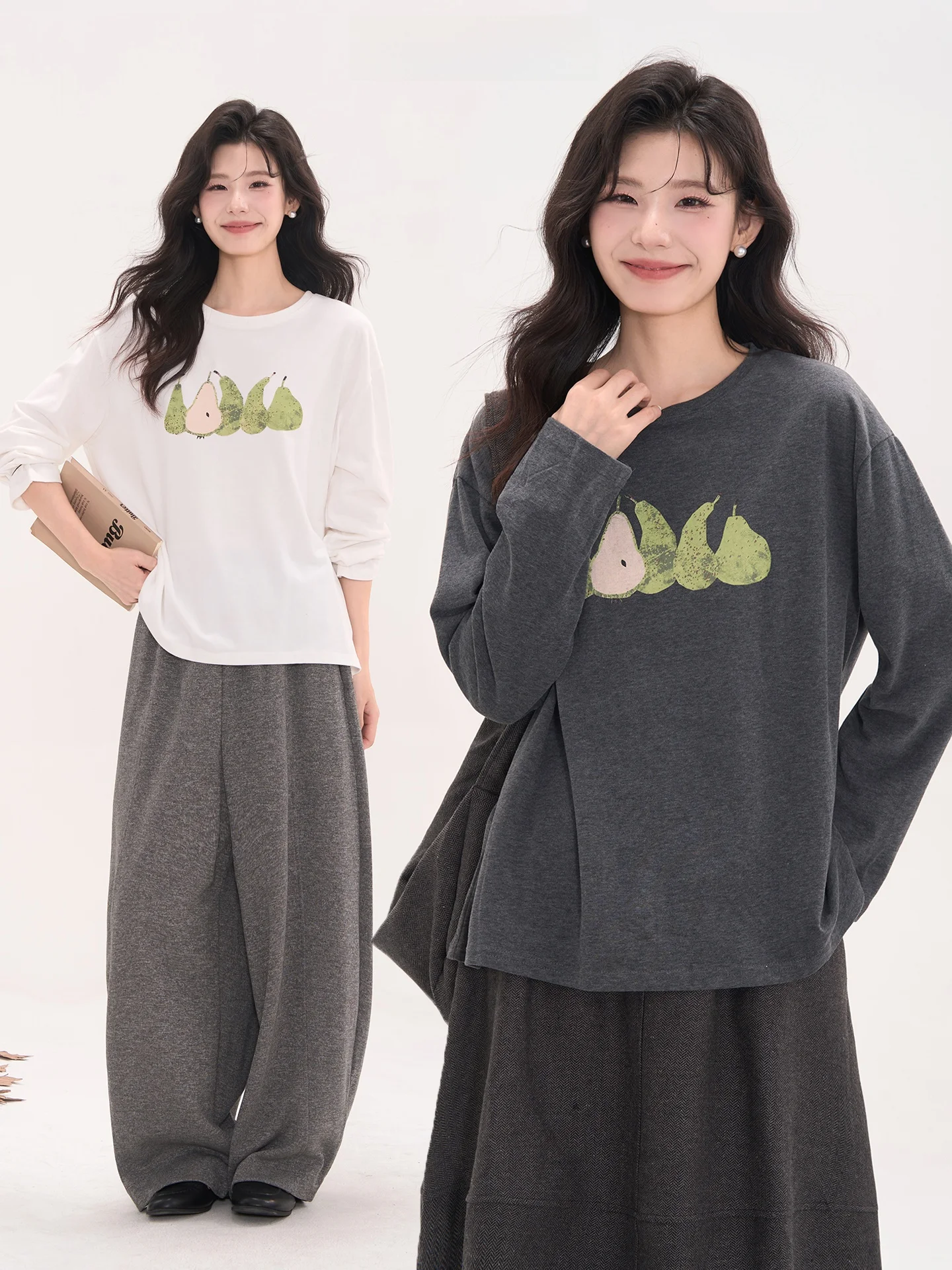 

Heme Sweet Mouth een Pear Print Long Sve T-irt Women's Autumn Versatile Brued round Ne Top Casual Loose Fit Cotton