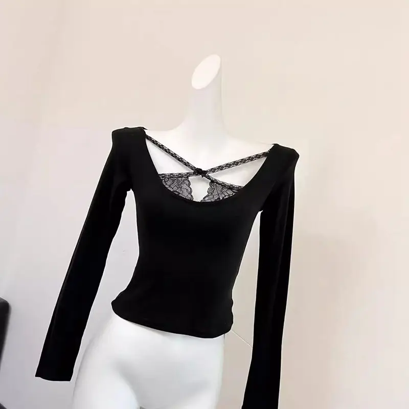 

Сплошной цвет пуловер с кружевным ремешком и длинными рукавами, женская осенне-зимняя нижняя рубашка, облегающий топ