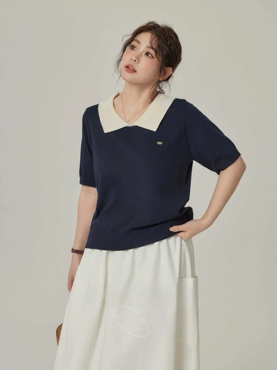 

plus Size Women's Summer New Collar Color Block Knitwear Short Sleeve T-Shirt Regular Shoulder Top Korean Style Commute