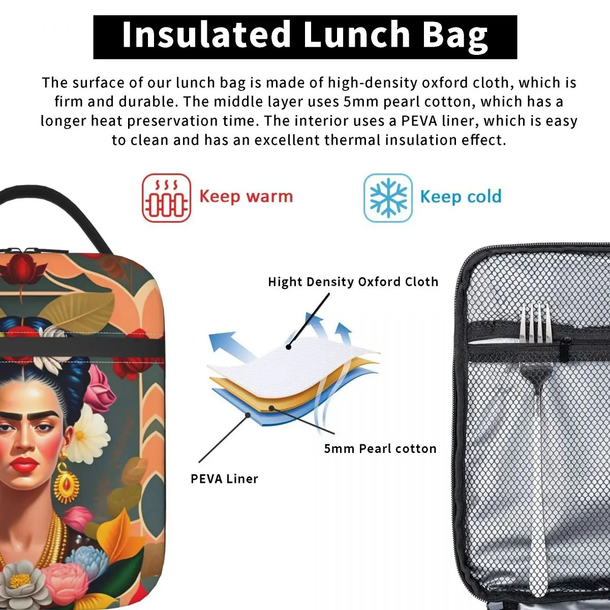 Art F-Frida K-Kahloes Insulated Lunch Bag Portable Meal Container Cooler Bag Tote Lunch Box Office Picnic Food Bag