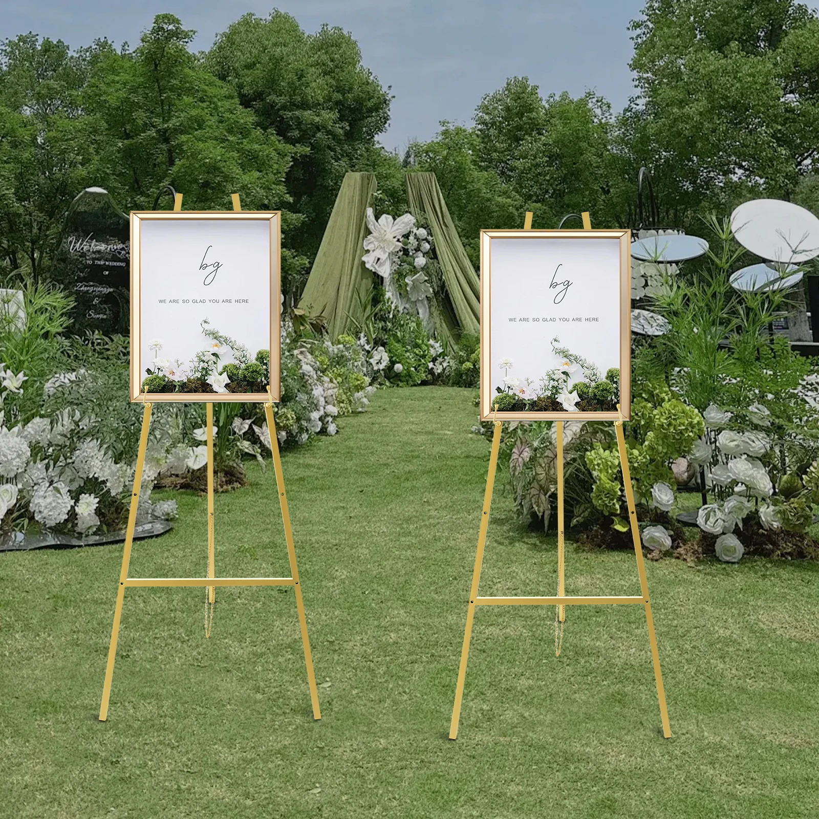 2Pcs Gold Display Easel Stand, Foldable Poster Easel Tripod, Adjustable Poster Frame Holder with Chain, Floor Standing Sign Stand for Wedding Party